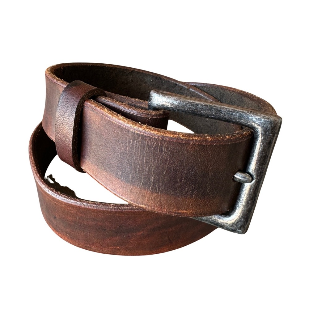 Mens Brown Full Grain Leather Belt Distressed Silver Buckle 1.5 Inch Wide